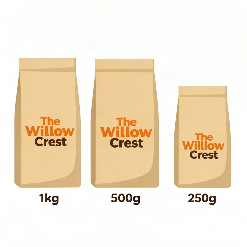 Flat vector illustration of the same coffee bag drawn in three sizes, captioned "1kg", "500g" and "250g", every size carrying the wordmark "The Willow Crest" in the same orange-and-brown coloring, only the bag size changing.
