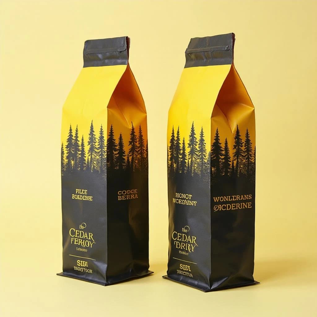 Cut-paper collage: one coffee bag in two views. The views are captioned "front" and "side" in that order. The wordmark "The Cedar Ferry" appears on every view. The black-and-yellow coloring is the same across every view, and only the angle changes.