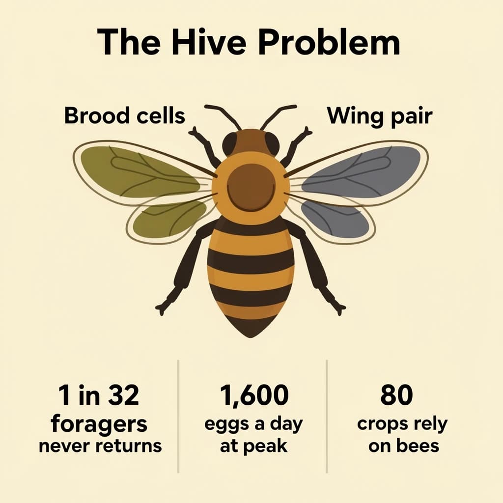 Flat vector illustration titled "The Hive Problem". A labeled bee diagram sits at the center, carrying two keyed regions, "Brood cells" shaded olive and "Wing pair" shaded slate. Three stat chips run down a bottom row, reading "1 in 32 foragers never returns", "1,600 eggs a day at peak" and "80 crops rely on bees". Each key color matches the shading of the region it names.
