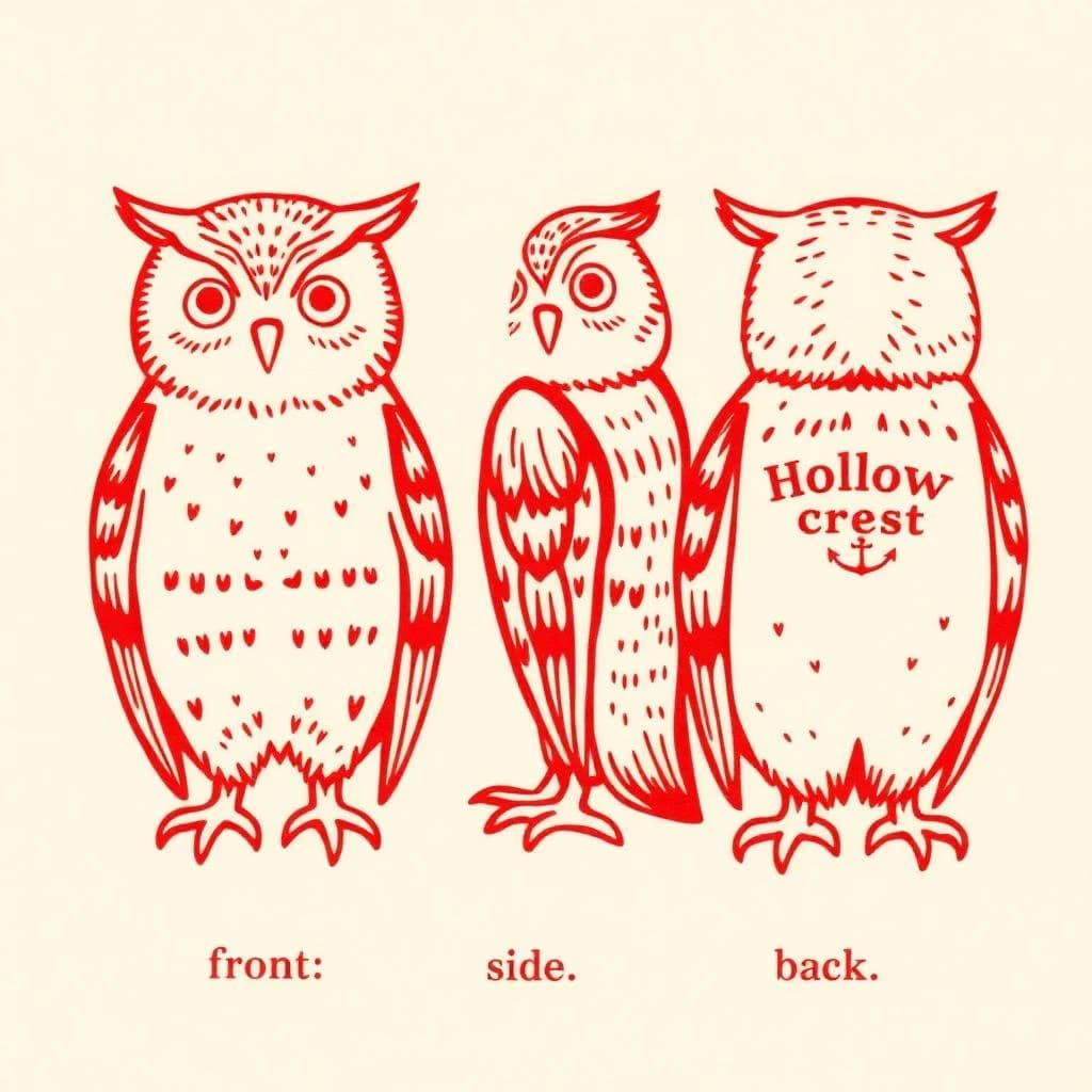Linocut print: one bookstore owl mascot in three views. The views are captioned "front", "side" and "back" in that order. The wordmark "Hollow Crest" appears on every view with a small anchor mark beside it. The red-and-cream coloring is the same across every view, and only the angle changes.