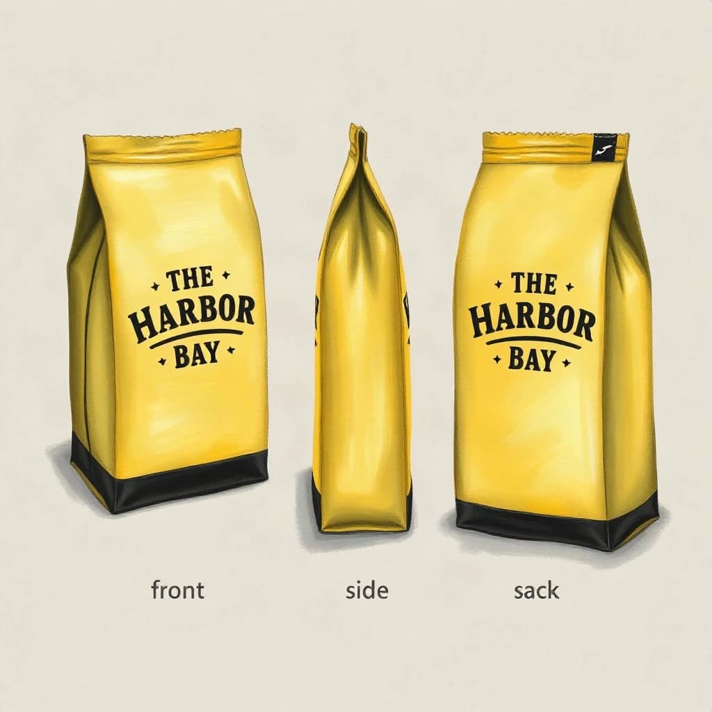 Gouache painting of the same coffee bag drawn in three views, captioned "front", "side" and "back", every view carrying the wordmark "The Harbor Bay" with a lightning-bolt symbol beside it in the same black-and-yellow coloring, only the angle changing.