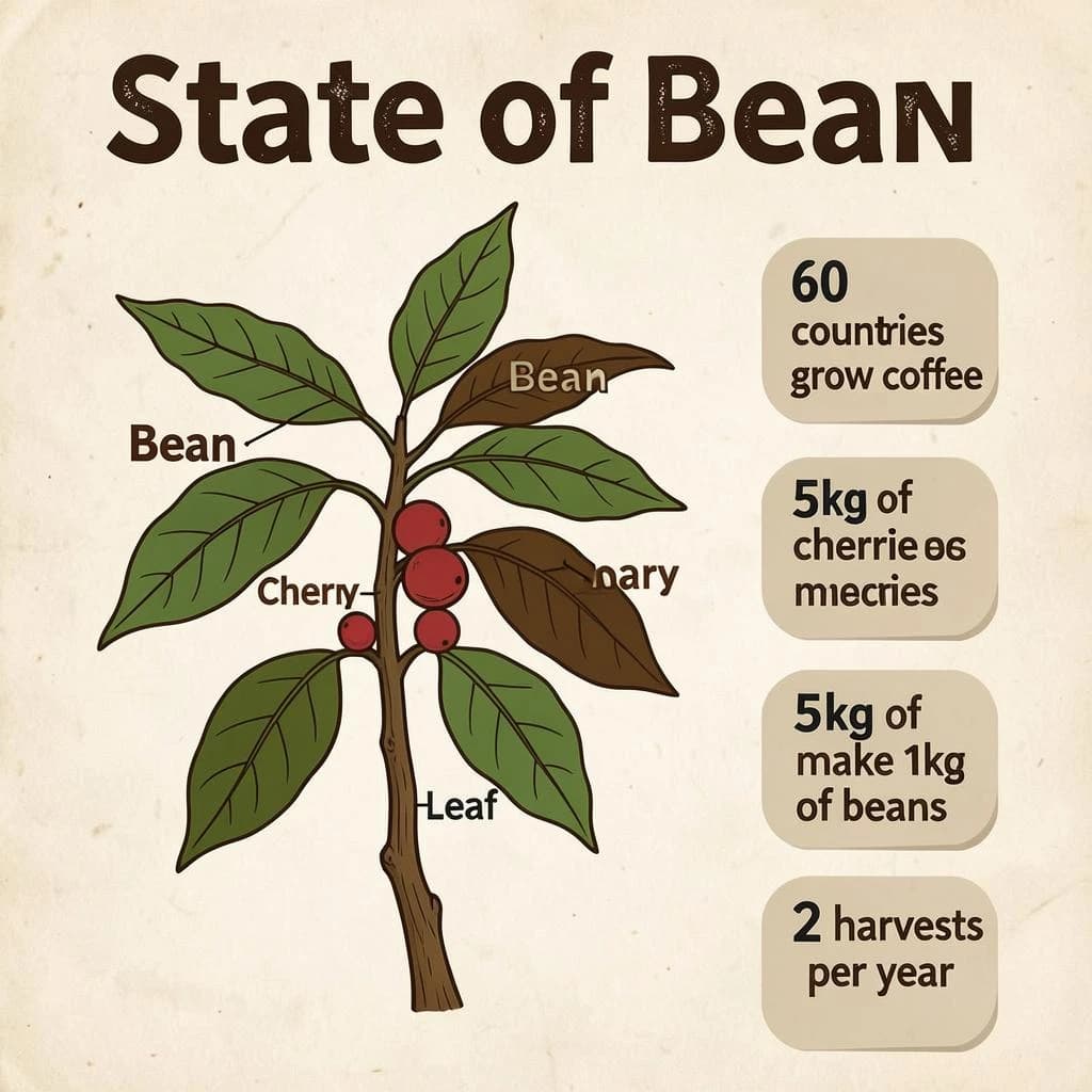 Printed poster titled "State of Bean": at the center a labeled coffee-plant diagram, carrying three keyed regions, "Bean" shaded brown, "Cherry" shaded red and "Leaf" shaded green, beside a right column of three stat chips reading "60 countries grow coffee", "5kg of cherries make 1kg of beans" and "2 harvests per year".