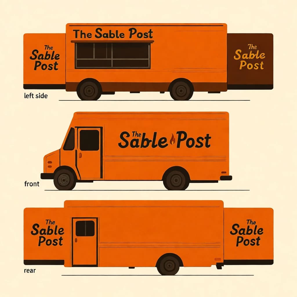 Printed poster: one food truck in three sides. The sides are captioned "left side", "front" and "rear" in that order. The wordmark "The Sable Post" appears on every side with a small flame icon beside it. The orange-and-brown coloring is the same across every side, and only the side changes.