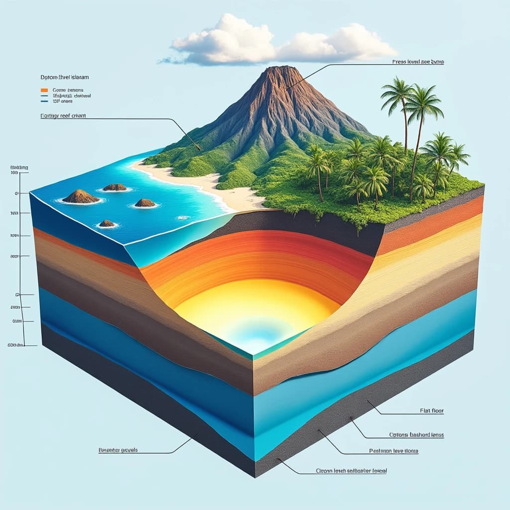 Cross section of a volcanic tropical island as a flat academic figure with clean colour blocks and a horizontal sea level line. Reading from the ocean on the left toward the right: a fringing reef crest, a shallow lagoon holding three coral heads, a white sand beach, a coconut palm belt of five trees, then a rising basalt cone with two lava layers picked out in darker grey, and a freshwater lens drawn as a pale blue dome under the middle of the island. Below sea level the flanks drop in three stepped terraces to a flat deep floor. Eight leader line labels, a depth scale down the left edge, and a small locator inset in the top right.