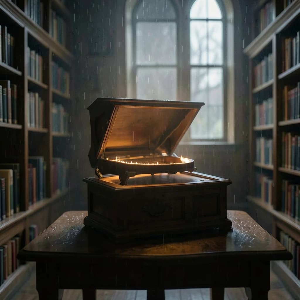 The quiet second when a music box takes on a thin rim of warm light, in a quiet library, in light rain.