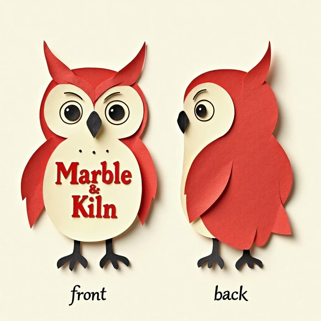 Cut-paper collage of the same bookstore owl mascot drawn in three views, captioned "front", "side" and "back", every view carrying the wordmark "Marble & Kiln" with a small bell outline beside it in the same red-and-cream coloring, only the angle changing.