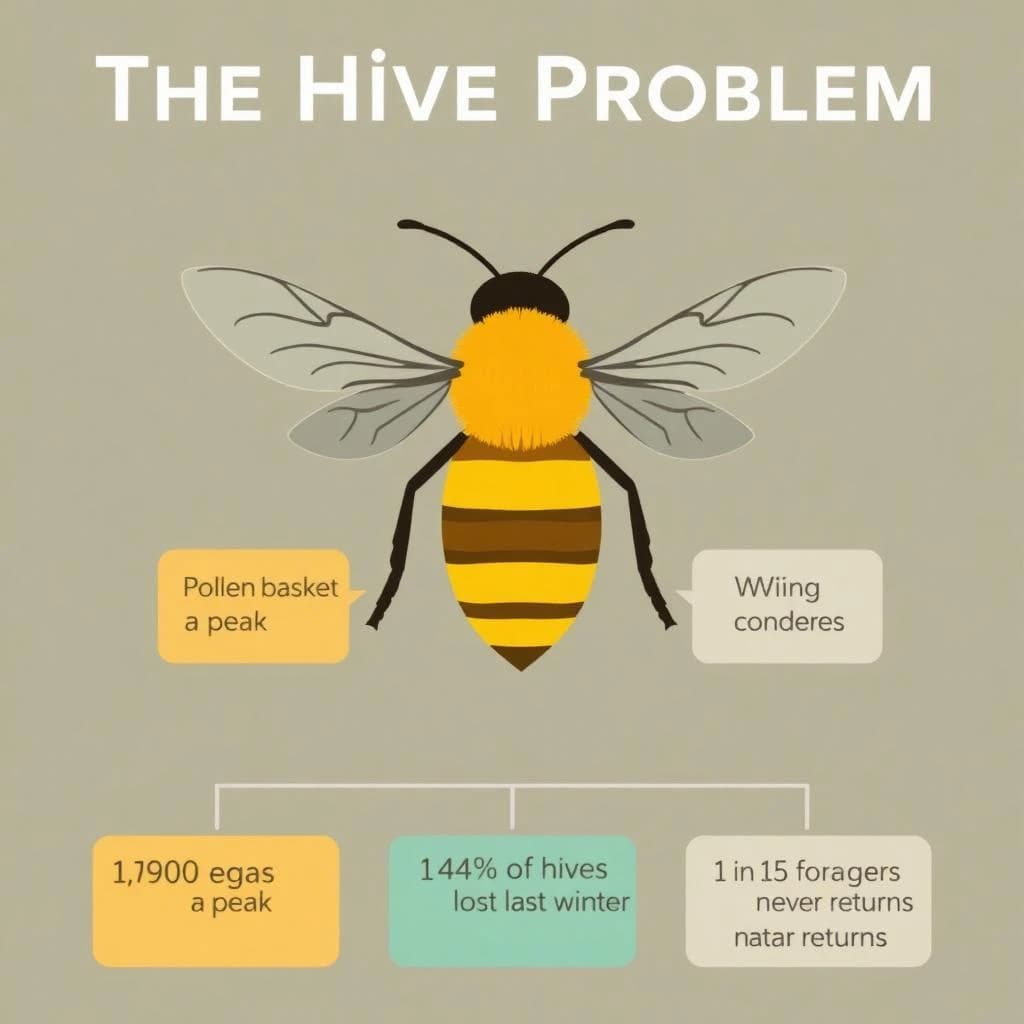 Flat vector illustration titled "The Hive Problem". A labeled bee diagram sits at the center, carrying two keyed regions, "Pollen basket" shaded amber and "Wing pair" shaded slate. Three stat chips run down a bottom row, reading "1,900 eggs a day at peak", "14% of hives lost last winter" and "1 in 15 foragers never returns". Each key color matches the shading of the region it names.