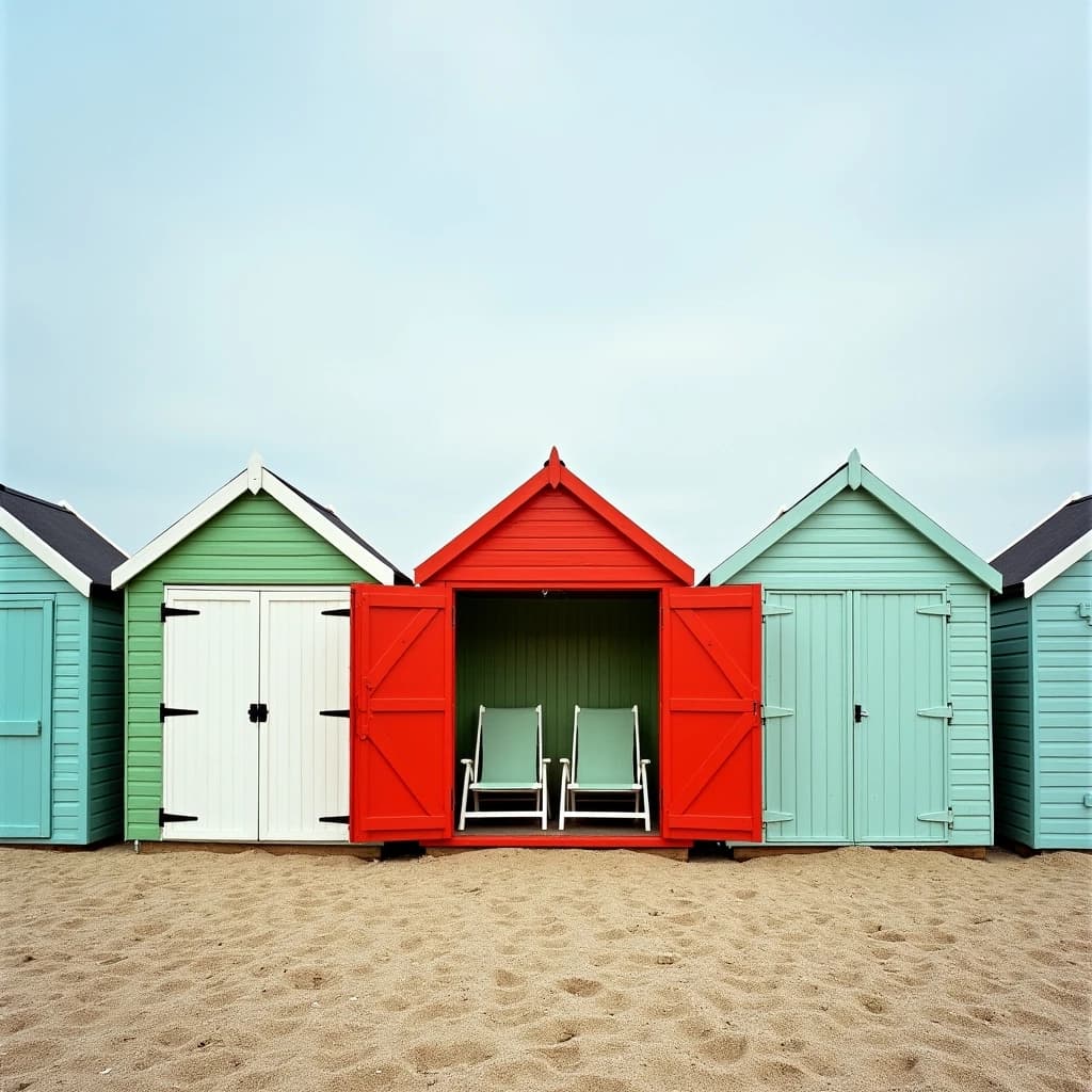 35mm film photo of seven beach huts in a row on a shingle bank. The three left huts are mint green with white doors, the middle one is red with its doors open showing two deckchairs inside, the three right huts are pale blue and shuttered.