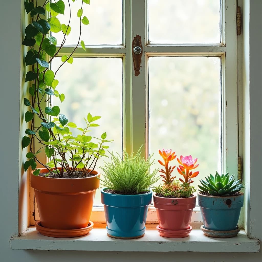 Fauvist feed post: a windowsill shelf with six potted plants, the three terracotta pots holding trailing vines and the three glazed blue pots holding upright succulents, painted in violent orange, pink and green. Only the tallest vine reaches the curtain.