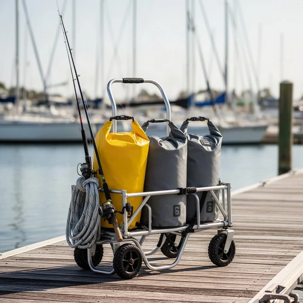 Lifestyle listing photo on a marina dock: a folding dock cart holding three dry bags, the largest yellow and the two smaller ones grey, two fishing rods leaning against the handle, and one coiled dock line hanging from the front rail. Masts blurred behind.
