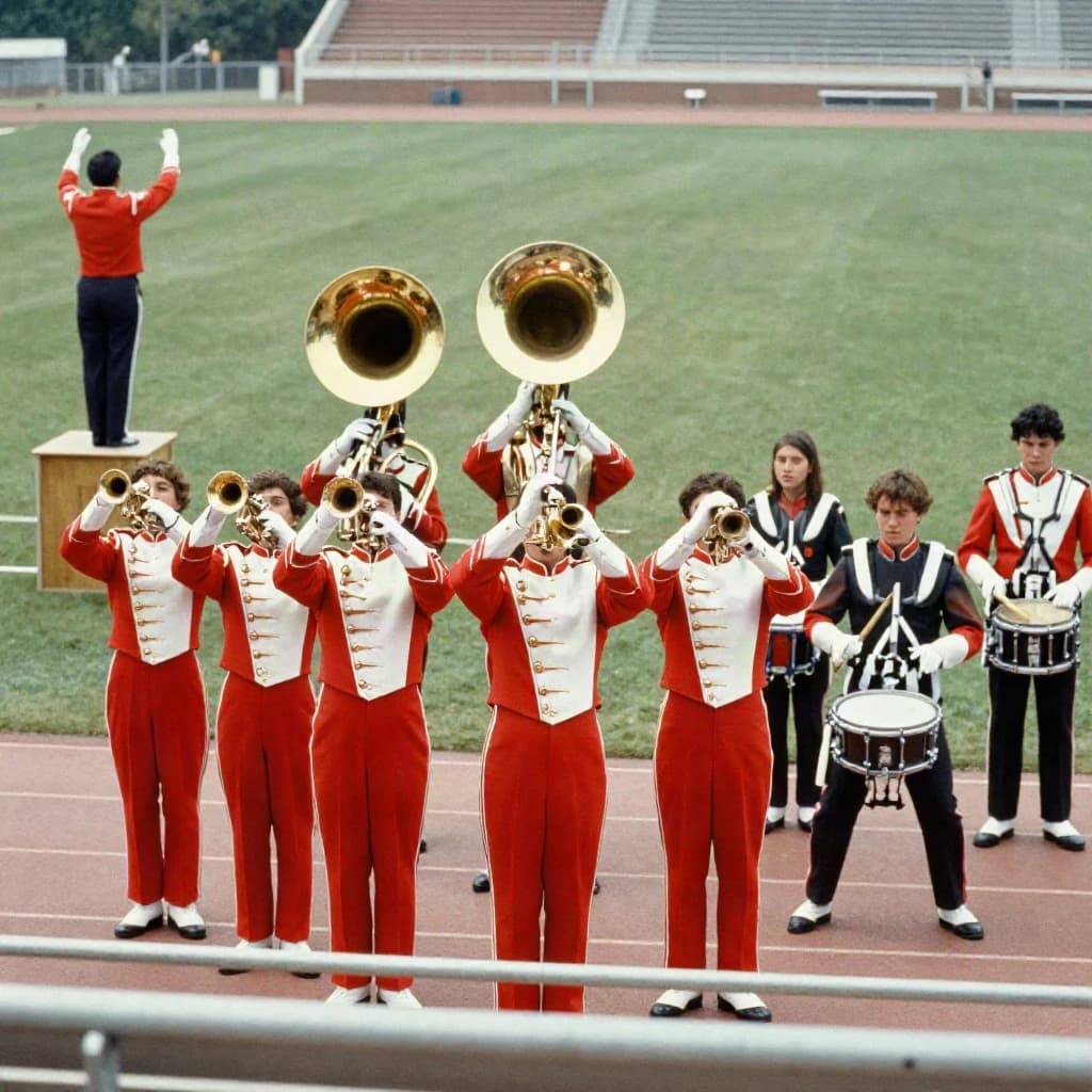 Nineteen seventies Kodachrome-era colour film look, faded warm grain and slight overexposure: a high school marching band seen from a stadium walkway. Front rank of five trumpet players in red and white uniforms, all with horns raised. Behind them three sousaphones in a triangle, the middle player caught mid turn. A line of four drummers to the right, the snare drummer nearest the camera mid stroke. A single drum major stands on a podium at the far left with his back to us, arms up. Empty green field behind them.