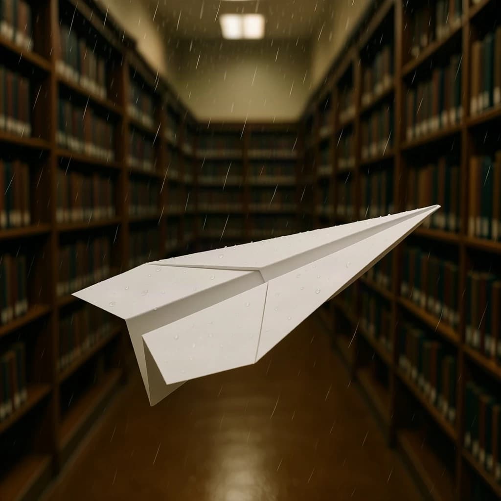 The quiet second when a paper airplane picks up a soft edge highlight, in a quiet library, after a light rain shower.