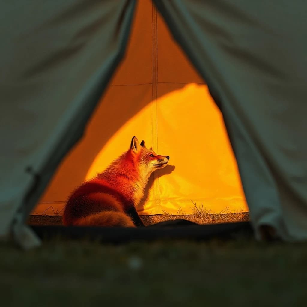 A red fox cast in a warm edge highlight inside a canvas tent, at golden hour, off-center framing with negative space, gouache style.