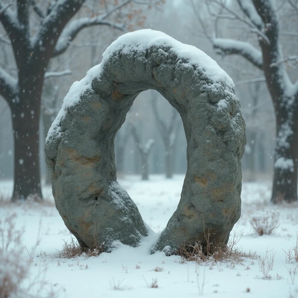 A weaver stone-still in a botanical garden, in gentle snowfall, centered full-body framing, isometric 3D style.