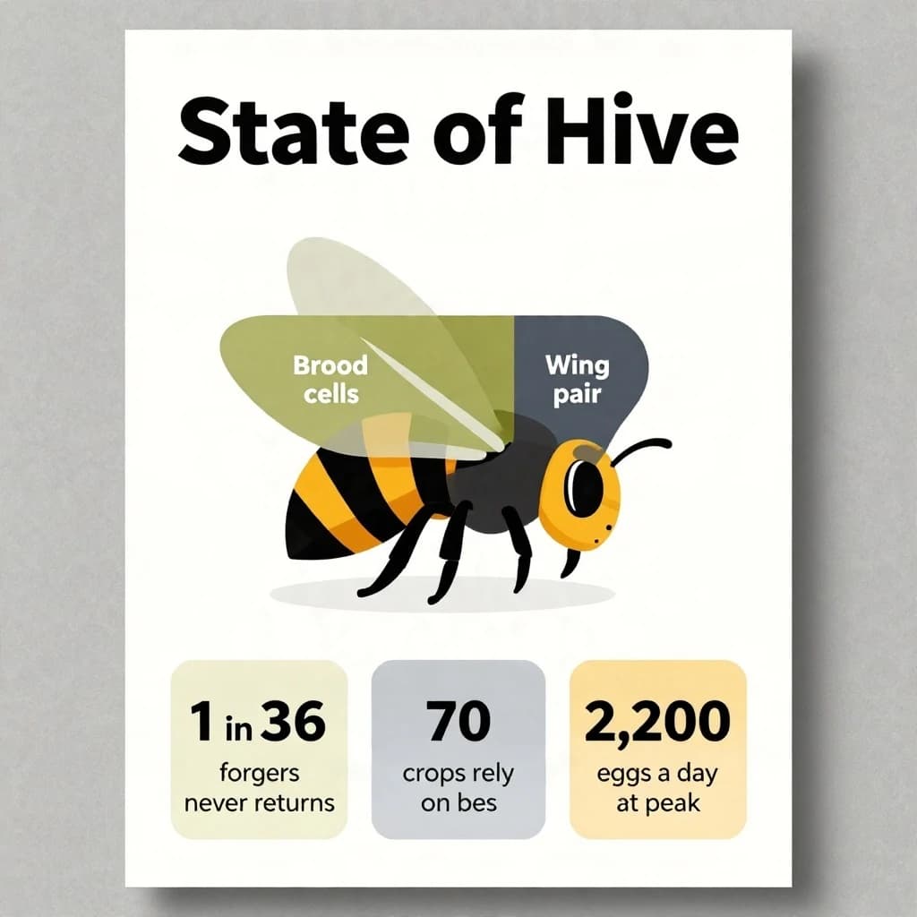 Printed poster titled "State of Hive". A labeled bee diagram sits at the center, carrying two keyed regions, "Brood cells" shaded olive and "Wing pair" shaded slate. Three stat chips run down a bottom row, reading "1 in 36 foragers never returns", "70 crops rely on bees" and "2,200 eggs a day at peak". Each key color matches the shading of the region it names.