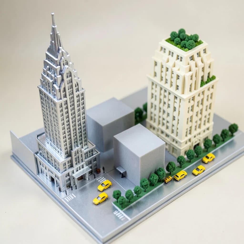 Tilt shift photograph of a hand built architectural scale model of a Midtown Manhattan block, studio lit from the upper left.
The Chrysler Building stands on the corner in polished silver card with its stepped crown and triangular windows. Directly across the street sits a proposed cream limestone tower, two floors shorter, topped by a stepped roof garden. Between them four smaller grey massing blocks in plain foam. Six tiny yellow cabs on the avenue, three stopped at the crossing and three queued behind, with a line of green model trees down the median.