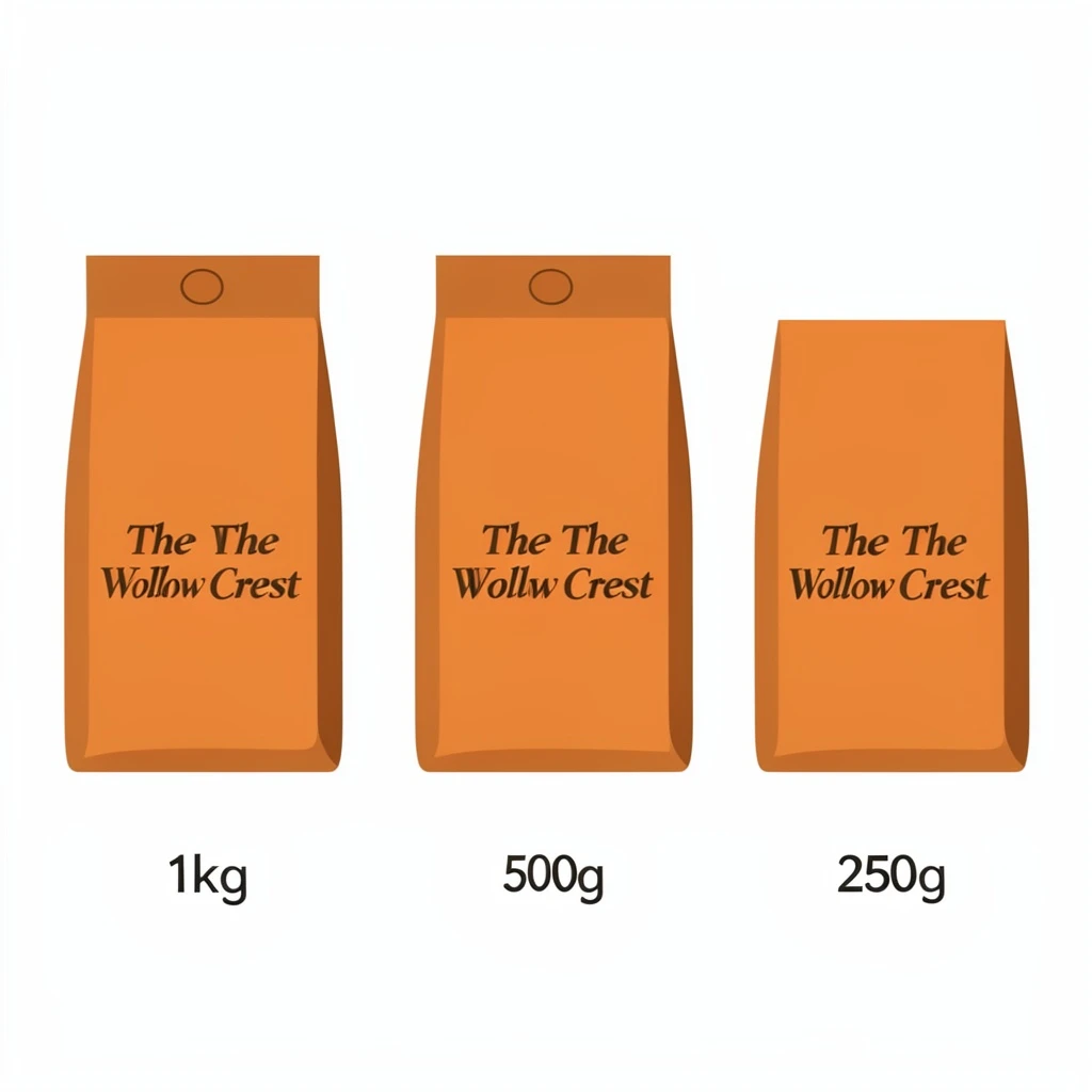 Flat vector illustration of the same coffee bag drawn in three sizes, captioned "1kg", "500g" and "250g", every size carrying the wordmark "The Willow Crest" in the same orange-and-brown coloring, only the bag size changing.
