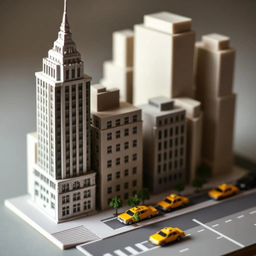 Tilt shift photograph of a hand built architectural scale model of a Midtown Manhattan block, studio lit from the upper left.
The Chrysler Building stands on the corner in polished silver card with its stepped crown and triangular windows. Directly across the street sits a proposed cream limestone tower, two floors shorter, topped by a stepped roof garden. Between them four smaller grey massing blocks in plain foam. Six tiny yellow cabs on the avenue, three stopped at the crossing and three queued behind, with a line of green model trees down the median.
