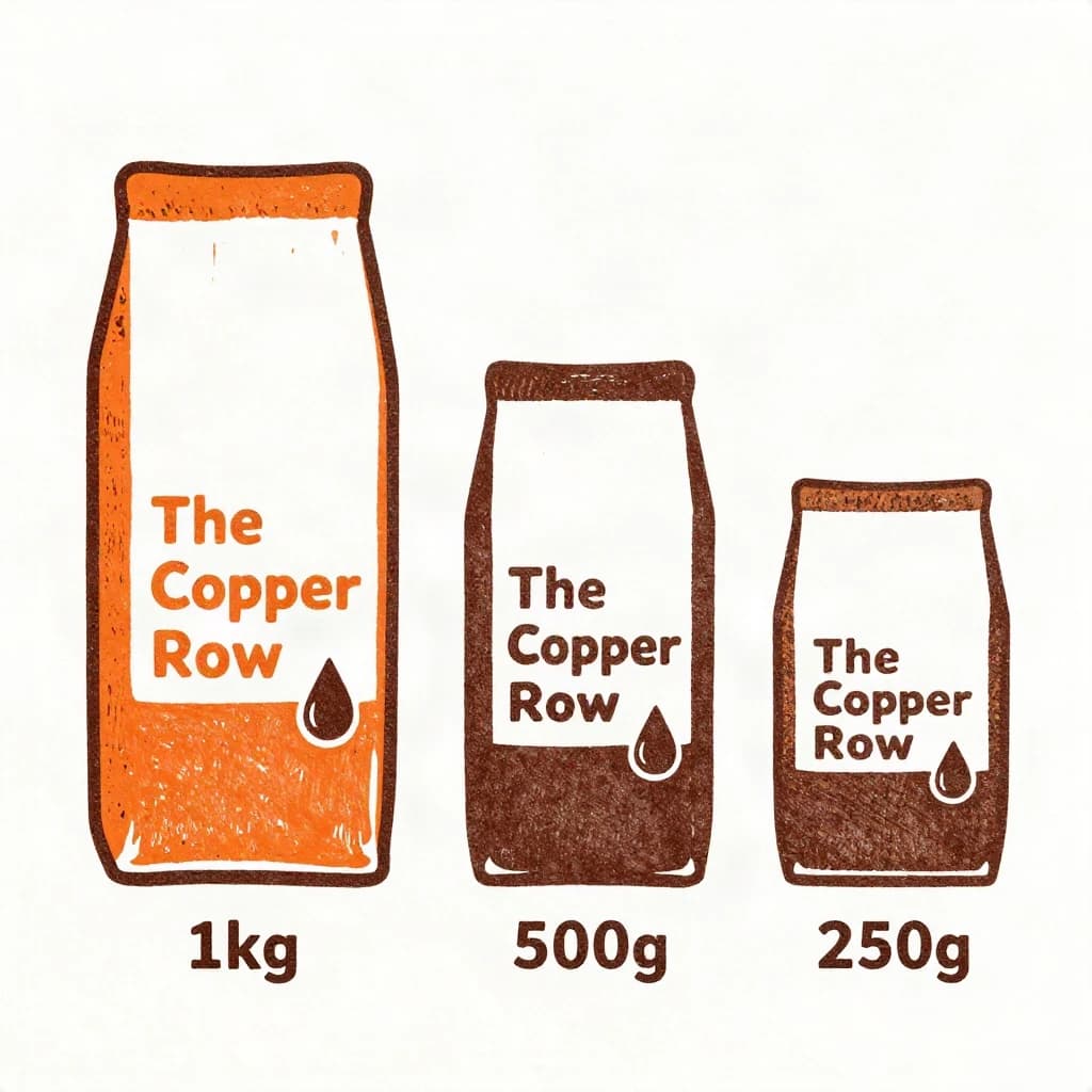 Linocut print: one coffee bag in three sizes. The sizes are captioned "1kg", "500g" and "250g" in that order. The wordmark "The Copper Row" appears on every size with a single droplet symbol beside it. The orange-and-brown coloring is the same across every size, and only the bag size changes.