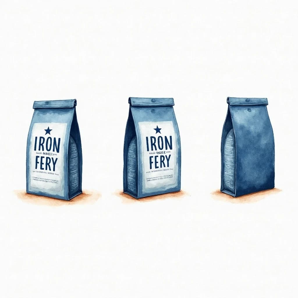 Watercolor of the same coffee bag drawn in three views, captioned "front", "side" and "back", every view carrying the wordmark "Iron & Ferry" with a five-point star outline beside it in the same blue-and-silver coloring, only the angle changing.
