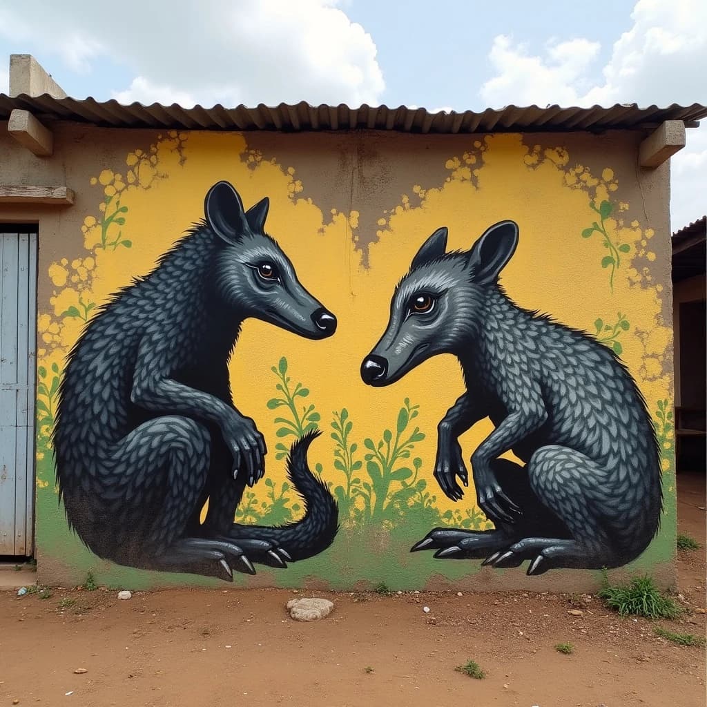 Civet and Aardvark in Yamoussoukro, Côte d'Ivoire in the style of graffiti