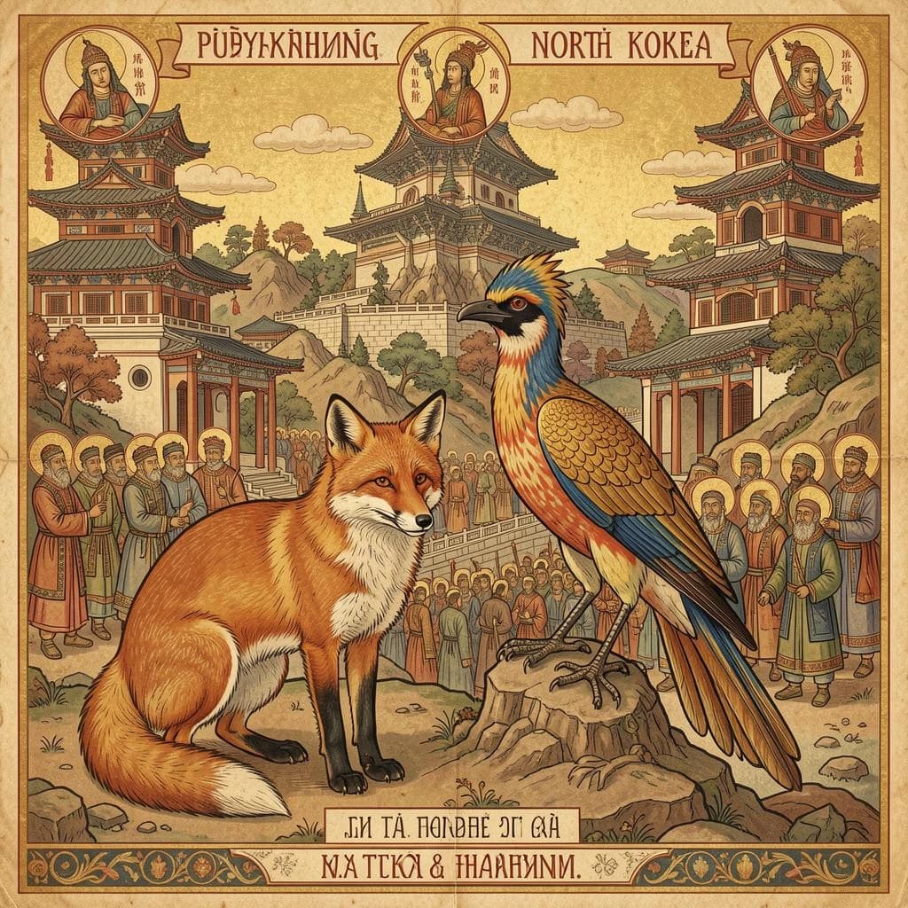 Fox and Turaco in Pyongyang, North Korea in the style of byzantine