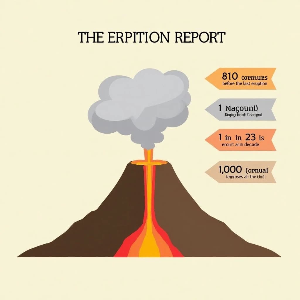 Flat vector illustration titled "The Eruption Report". A cutaway cone sits at the center, carrying three keyed regions, "Lava channel" shaded red, "Ash cloud" shaded gray and "Magma chamber" shaded orange. Three stat chips run down a right column, reading "810 tremors before the last eruption", "1 in 23 erupt each decade" and "1,000 degrees at the vent". Each key color matches the shading of the region it names.