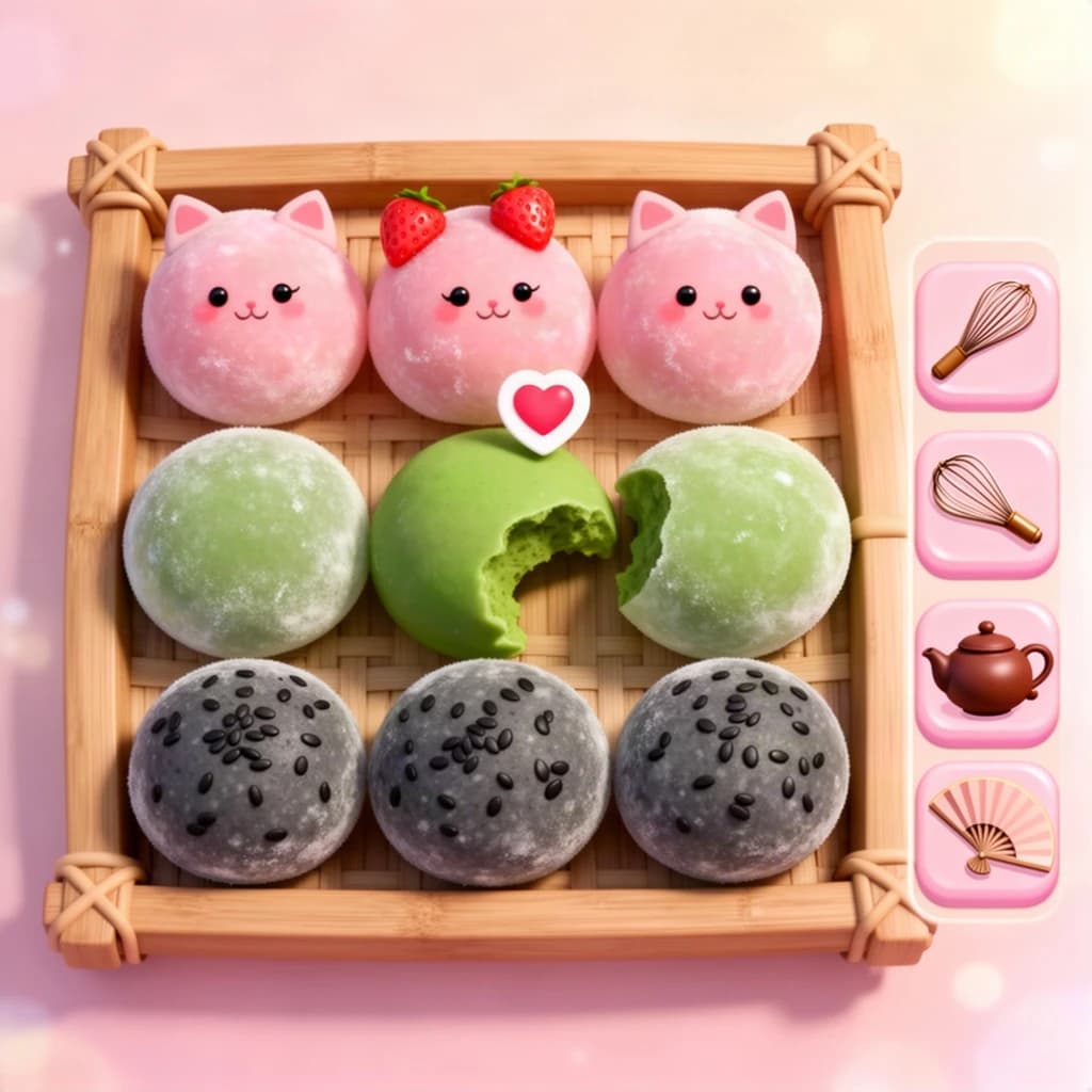 Match three board for a cozy sweets game, cute stylized 3D animation look. Nine mochi in a three by three grid on a bamboo tray: the top row strawberry pink, the middle row matcha green, the bottom row black sesame grey. The center green one has a bite taken out and a small heart icon floating above it. Two of the pink mochi wear tiny cat ears. To the right of the tray, a vertical strip of three power up icons, a whisk, a teapot and a fan. Soft pastel lighting, glossy dusted surfaces.