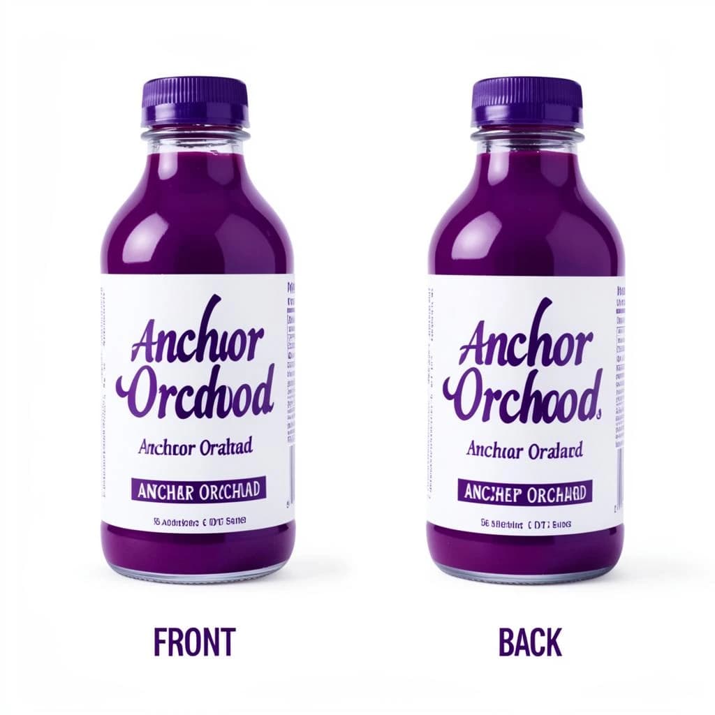 Printed poster: one hot-sauce bottle in two views. The views are captioned "front" and "back" in that order. The wordmark "Anchor Orchard" appears on every view. The purple-and-white coloring is the same across every view, and only the angle changes.