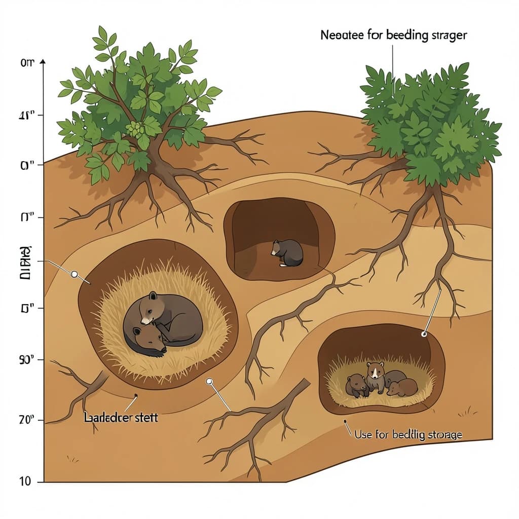 Flat vector cross-section of a badger sett cut through a hillside, soil drawn as layered ochre bands with tree roots threading through. Four chambers at different depths: the deepest lined with dry grass holding two sleeping badgers curled together, one mid level chamber standing empty, one holding three cubs, and a shallow chamber used for bedding storage. Five tunnels connect them, and two entrances break the surface, the left one under a hawthorn and the right one screened by bracken. Labels sit outside the soil profile on hairline leaders, with a depth scale in metres down the left edge.