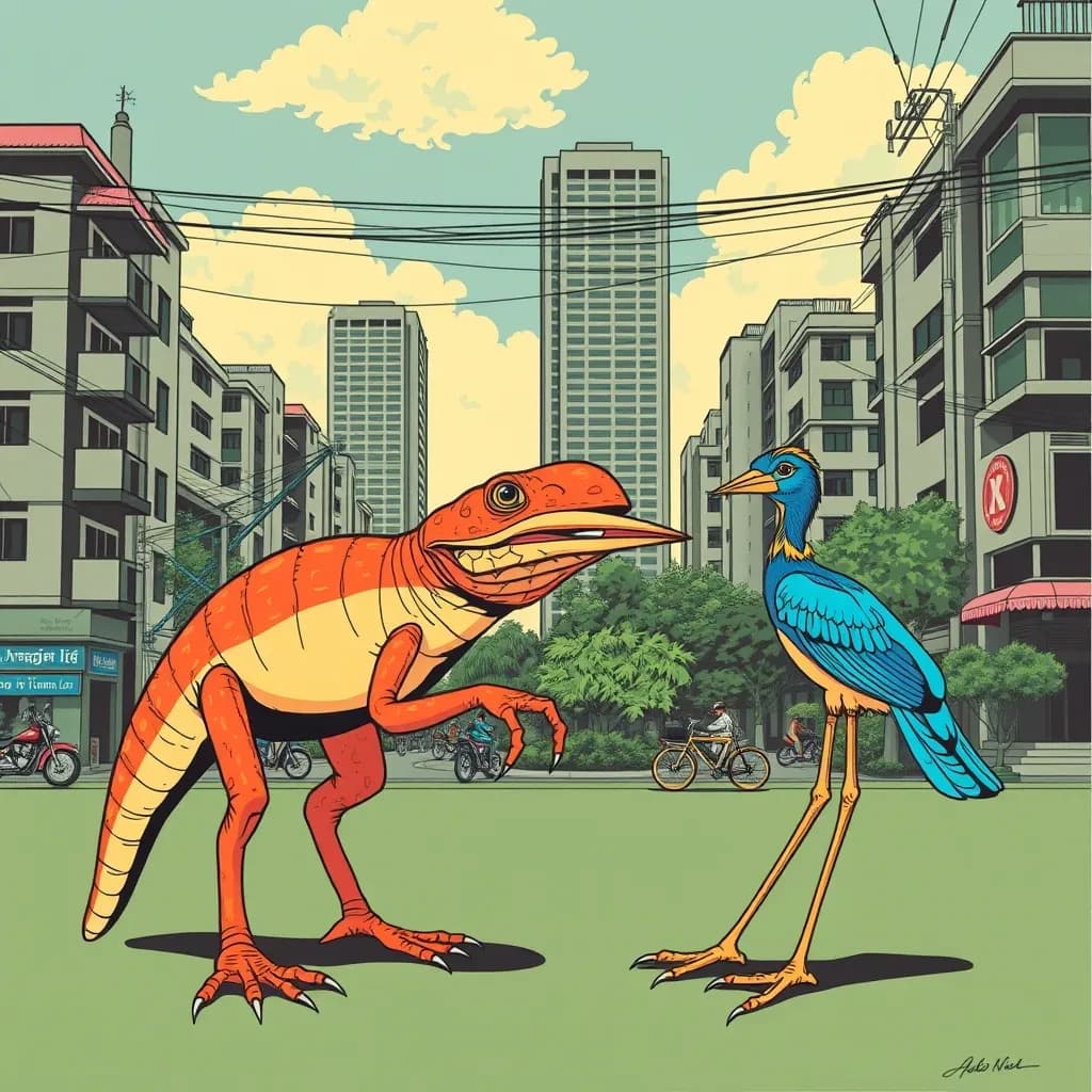 Crossopterygian and Blue Runner in Hanoi, Vietnam in the style of pop art