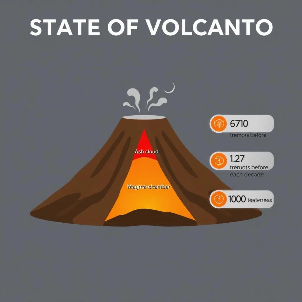 Flat vector illustration titled "State of Volcano": at the center a cutaway cone, carrying three keyed regions, "Lava channel" shaded red, "Ash cloud" shaded gray and "Magma chamber" shaded orange, beside a right column of three stat chips reading "670 tremors before the last eruption", "1 in 27 erupt each decade" and "1,000 degrees at the vent".