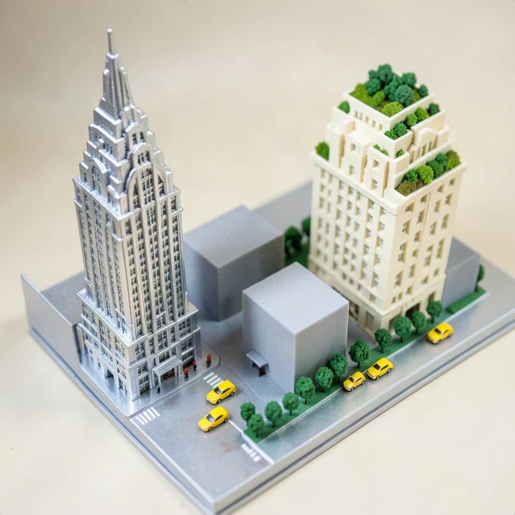Tilt shift photograph of a hand built architectural scale model of a Midtown Manhattan block, studio lit from the upper left.
The Chrysler Building stands on the corner in polished silver card with its stepped crown and triangular windows. Directly across the street sits a proposed cream limestone tower, two floors shorter, topped by a stepped roof garden. Between them four smaller grey massing blocks in plain foam. Six tiny yellow cabs on the avenue, three stopped at the crossing and three queued behind, with a line of green model trees down the median.