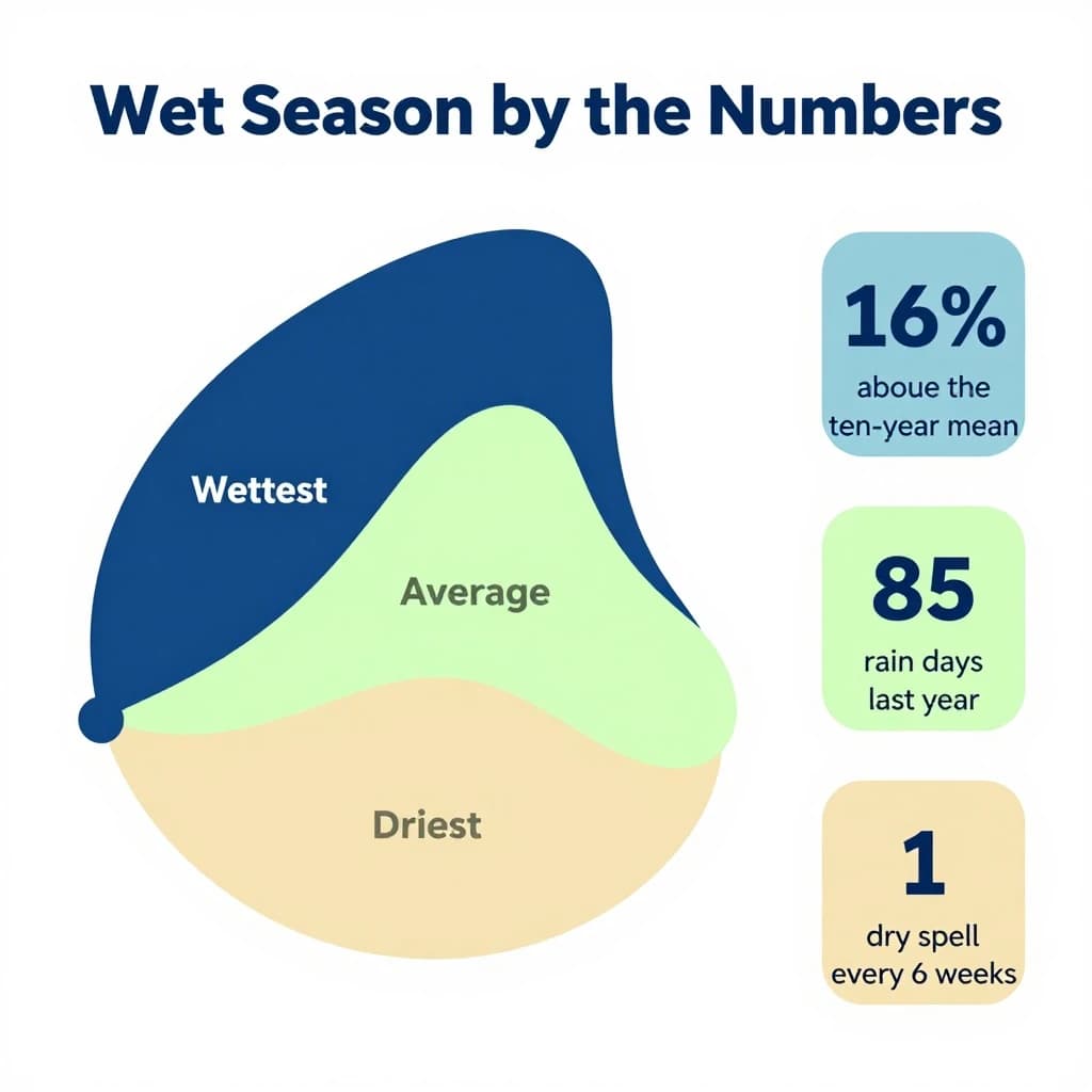 Flat vector illustration titled "Wet Season by the Numbers". A twelve-month rainfall timeline sits at the center, carrying three keyed regions, "Wettest" shaded dark blue, "Average" shaded pale green and "Driest" shaded sand. Three stat chips run down a right column, reading "16% above the ten-year mean", "85 rain days last year" and "1 dry spell every 6 weeks". Each key color matches the shading of the region it names.