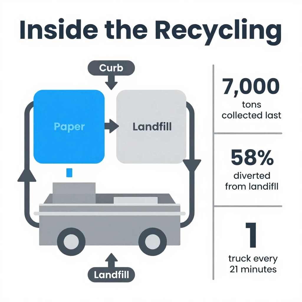 Flat infographic titled "Inside the Recycling": at the center a flow chart from curb to sorting floor, carrying two keyed regions, "Paper" shaded blue and "Landfill" shaded gray, beside a right column of three stat chips reading "7,000 tons collected last year", "58% diverted from landfill" and "1 truck every 21 minutes".