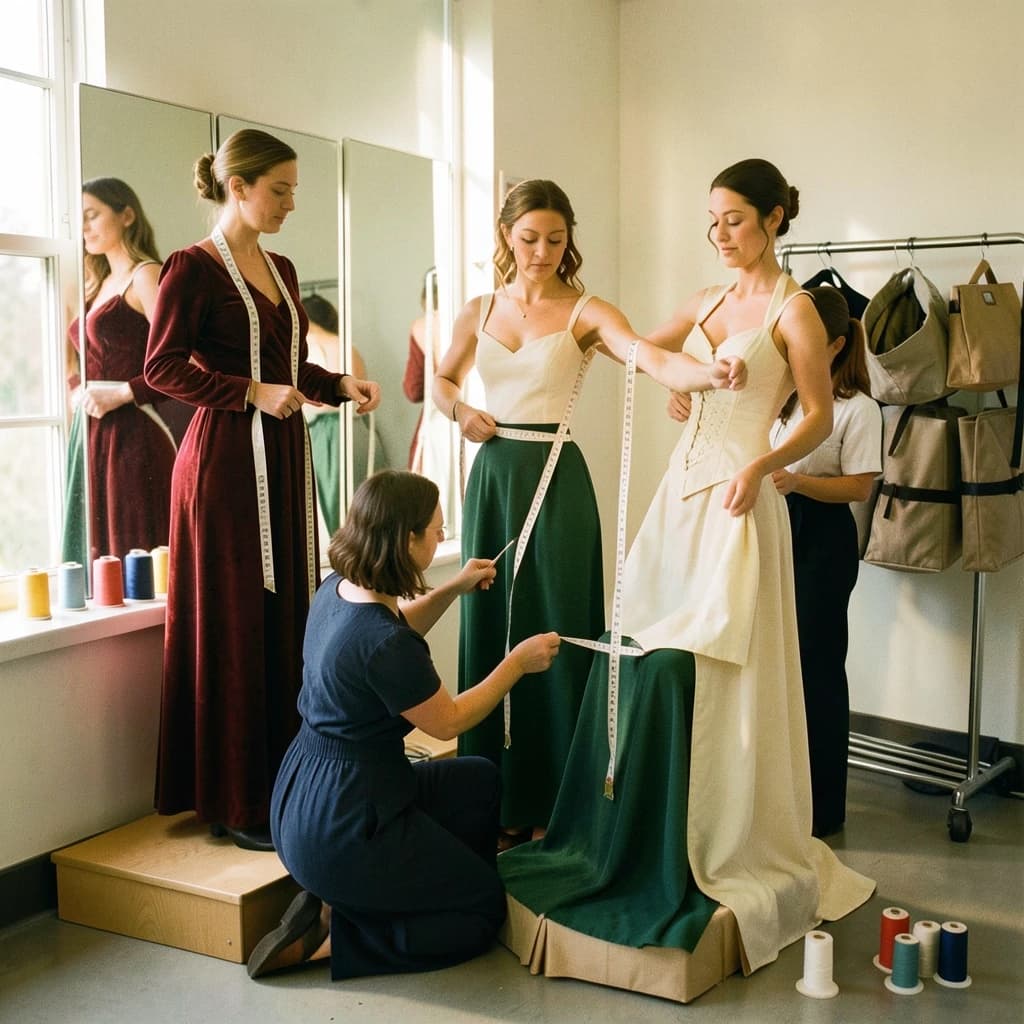 35mm film photograph, wardrobe fitting room, warm late afternoon window light and soft grain. Three actresses stand on low platforms in front of a three-panel mirror. The one in the red velvet gown has a cloth tape measure draped around her neck. A seamstress kneels beside the one in the green gown, measuring her hem with a second tape measure. The third actress, in an unfinished cream bodice, holds both arms out while another seamstress pins her sleeve. Six spools of thread line the windowsill, and only the two at the right end are unwound. A rolling rack behind them carries eight garment bags, one of them unzipped.