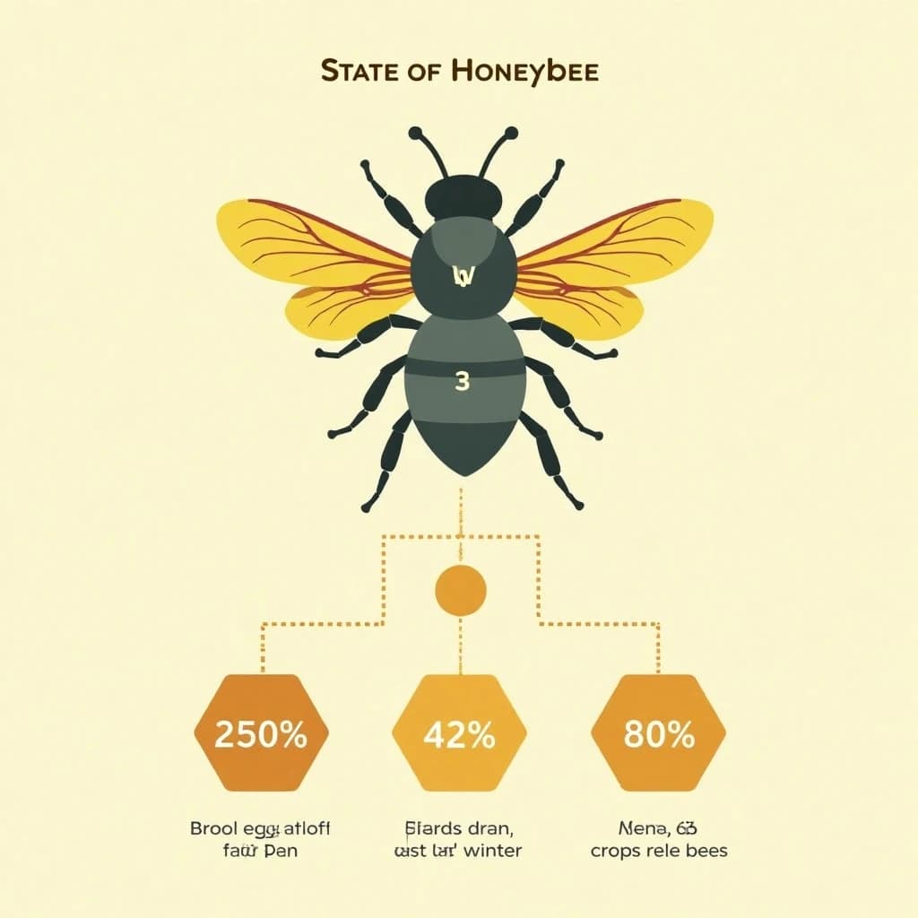Flat vector illustration titled "State of Honeybee": at the center a labeled bee diagram, carrying three keyed regions, "Wing pair" shaded slate, "Brood cells" shaded olive and "Pollen basket" shaded amber, beside a bottom row of three stat chips reading "2,500 eggs a day at peak", "42% of hives lost last winter" and "60 crops rely on bees".