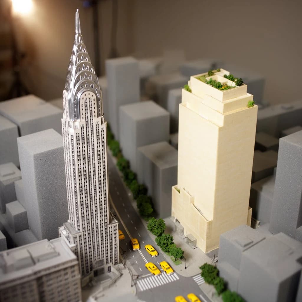 Tilt shift photograph of a hand built architectural scale model of a Midtown Manhattan block, studio lit from the upper left.
The Chrysler Building stands on the corner in polished silver card with its stepped crown and triangular windows. Directly across the street sits a proposed cream limestone tower, two floors shorter, topped by a stepped roof garden. Between them four smaller grey massing blocks in plain foam. Six tiny yellow cabs on the avenue, three stopped at the crossing and three queued behind, with a line of green model trees down the median.