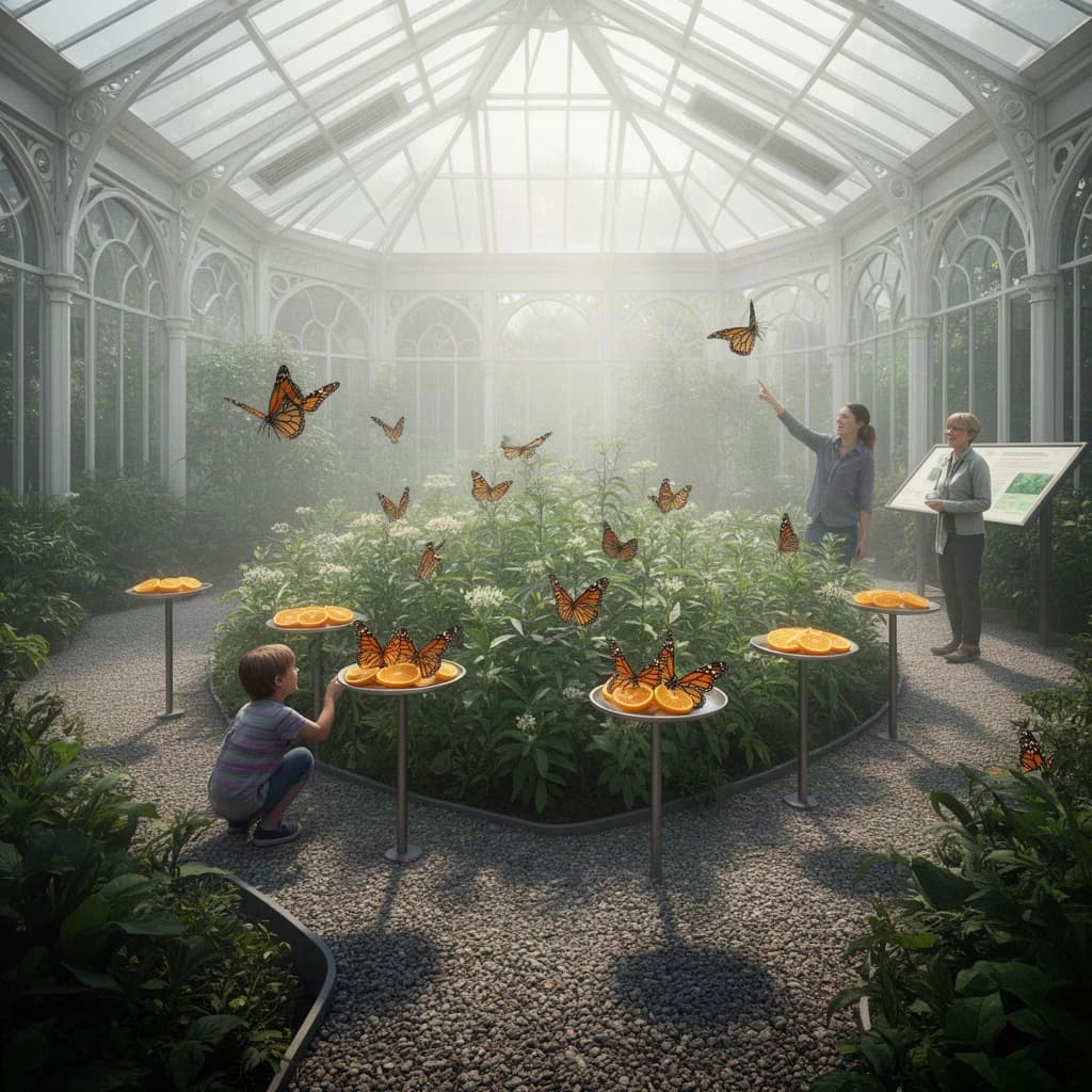 Interior render of a glasshouse butterfly conservatory, white cast iron arches and misted glass, humid morning light.
A raised planting bed spirals through the centre with a gravel path running around it. Five feeding stations on slim posts stand along the path, each holding a shallow dish of orange slices: monarch butterflies cluster on three of the dishes while two are untouched. Seven more monarchs rest on the milkweed in the bed and two are in flight above the path. Three visitors in the room, a child crouching at the nearest feeding station, an adult behind her pointing upward, and a guide standing at the far end beside an information board. Fine mist drifting near the roof vents. Physically based render.