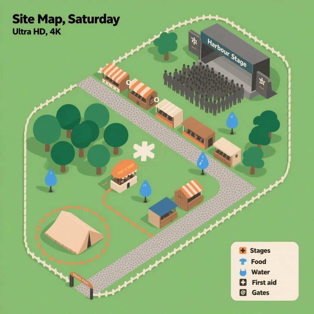 Festival site map in flat editorial infographic style, bird's eye, flat colour blocks on a sage green field inside a dotted perimeter fence.
Four stages: the main "Harbour Stage" along the north edge with a wide crowd shape in front of it, "Tin Shed" on the east, "The Orchard" on the west inside a cluster of round tree canopies, and a small circular "Silent Tent" at the south west corner with no crowd shape around it.
Two food streets run east to west between the stages, the northern one with nine numbered stalls and the southern one with six. Three water points marked by blue droplets sit one beside each of the first three stages. A single first aid cross sits where the two food streets meet the central path.
A gravel path loops the whole site as a dashed ochre line, with entrance gates on the south and east sides only.
A legend box in the lower right lists "Stages", "Food", "Water", "First aid" and "Gates", each with its own symbol. Title at the top left reads "Site Map, Saturday".