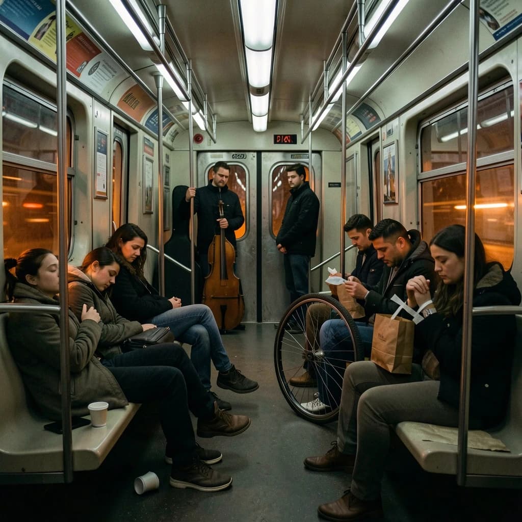 Cinematic photograph inside a late night subway car, handheld, lit only by flickering ceiling strips and orange platform light sliding past the windows. Nine passengers down the car: the three on the left bench all sleep with heads tipped at different angles, the four on the right bench are awake, one folding a paper bag, one holding a bike wheel upright between his knees, one wrapping her own wrist in tape, one staring straight into the lens. Two more stand at the far doors gripping the same pole with a violin case wedged between them. An empty seat beside the nearest sleeper, a coffee cup rolling under it.