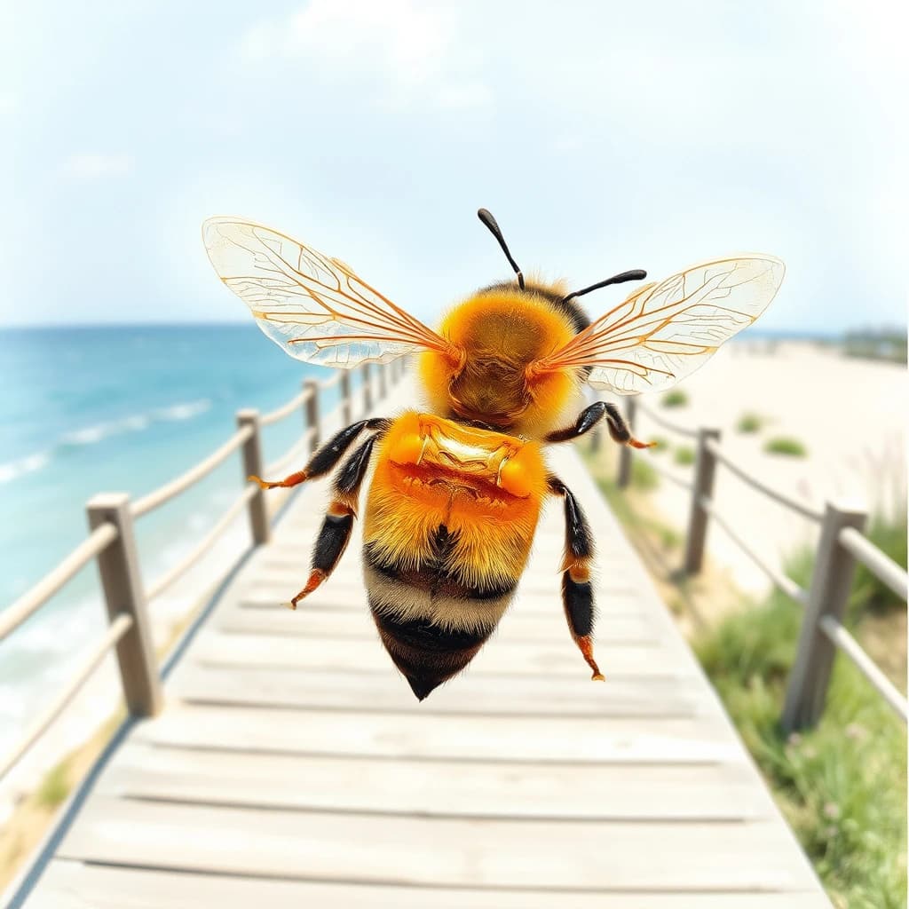 A honeybee seen from the back on a seaside boardwalk, in bright midday sun, overhead flat lay, watercolor style.
