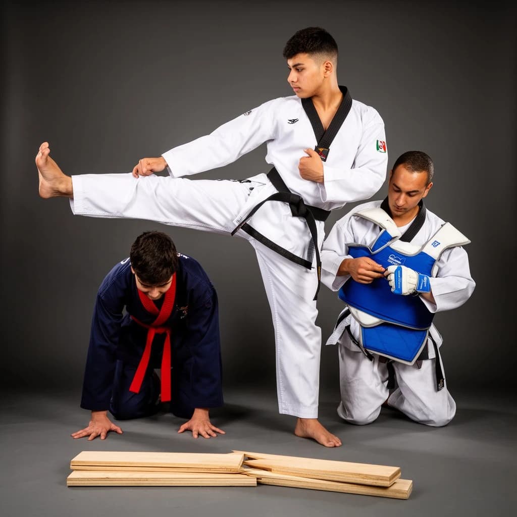 Studio photography, stunt and costume reference on a seamless charcoal backdrop, one hard key from camera left. Three taekwondo athletes in a tight diagonal: the tallest, in a white uniform with a black belt, holds a side kick frozen at chest height; the shortest, in navy with a red belt, ducks under it with both palms flat on the floor; the third kneels behind them fastening a blue chest guard onto a folded uniform. Two snapped pine boards lie at the front edge of the frame, a third board still whole in a holder's gloved hands.