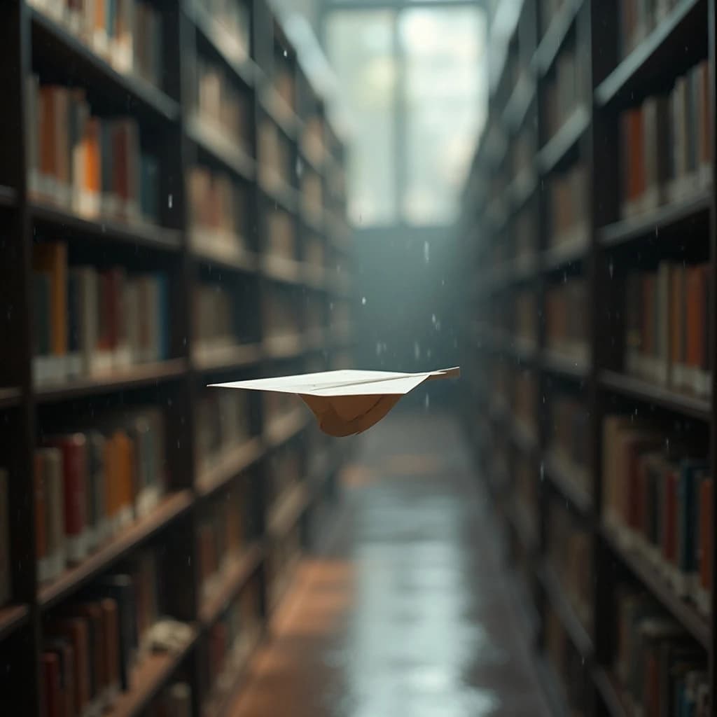 The quiet second when a paper airplane picks up a soft edge highlight, in a quiet library, after a light rain shower.