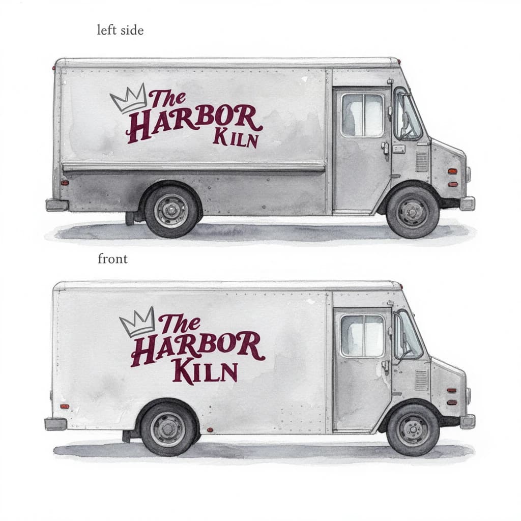 Watercolor of the same food truck drawn in two sides, captioned "left side" and "front", every side carrying the wordmark "The Harbor Kiln" with a simple crown outline beside it in the same maroon-and-gray coloring, only the side changing.