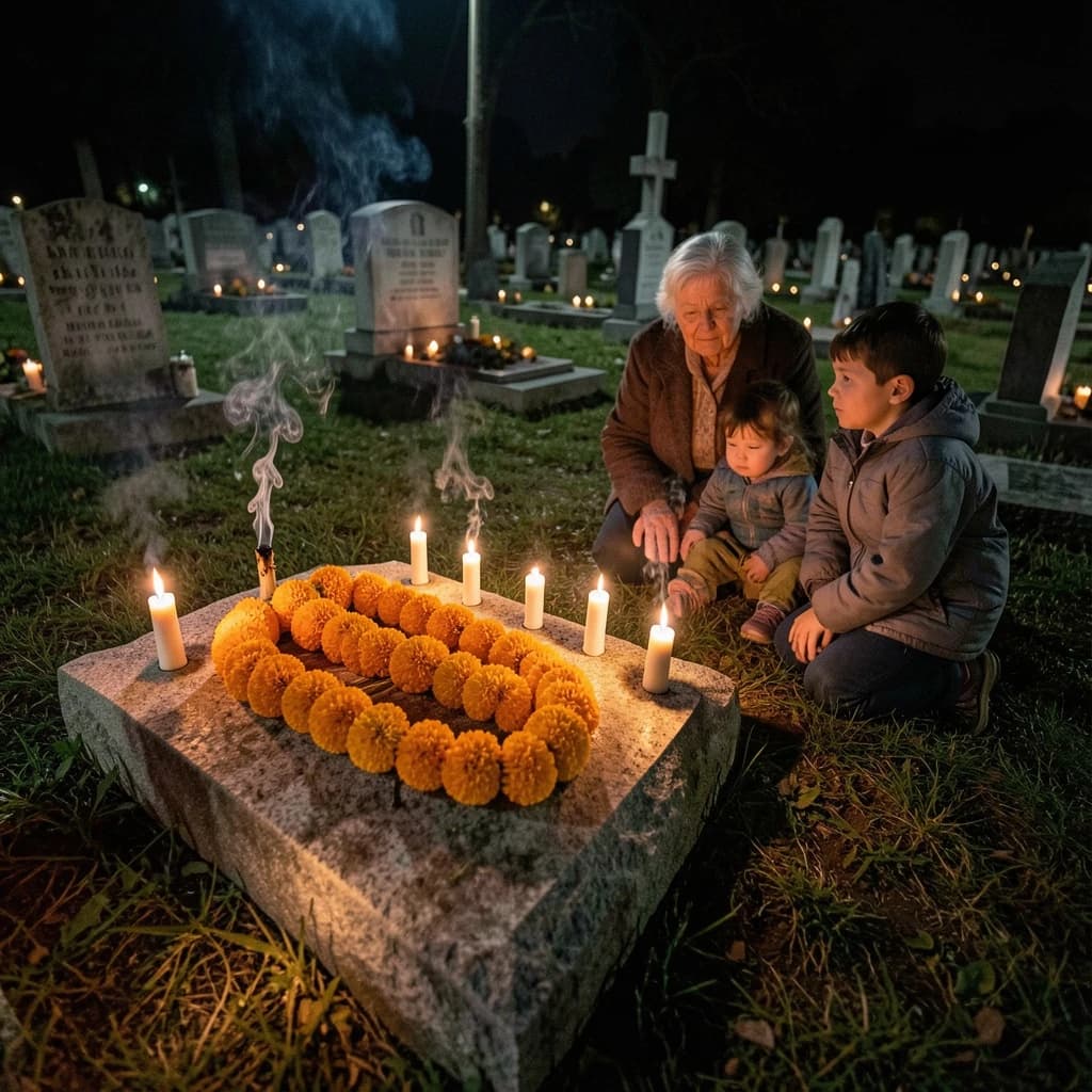 Photojournalism frame from a cemetery vigil at night: one grave slab carrying seven marigold garlands and nine lit candles, three of the candles guttered out and smoking, a grandmother and two children kneeling along the near edge.