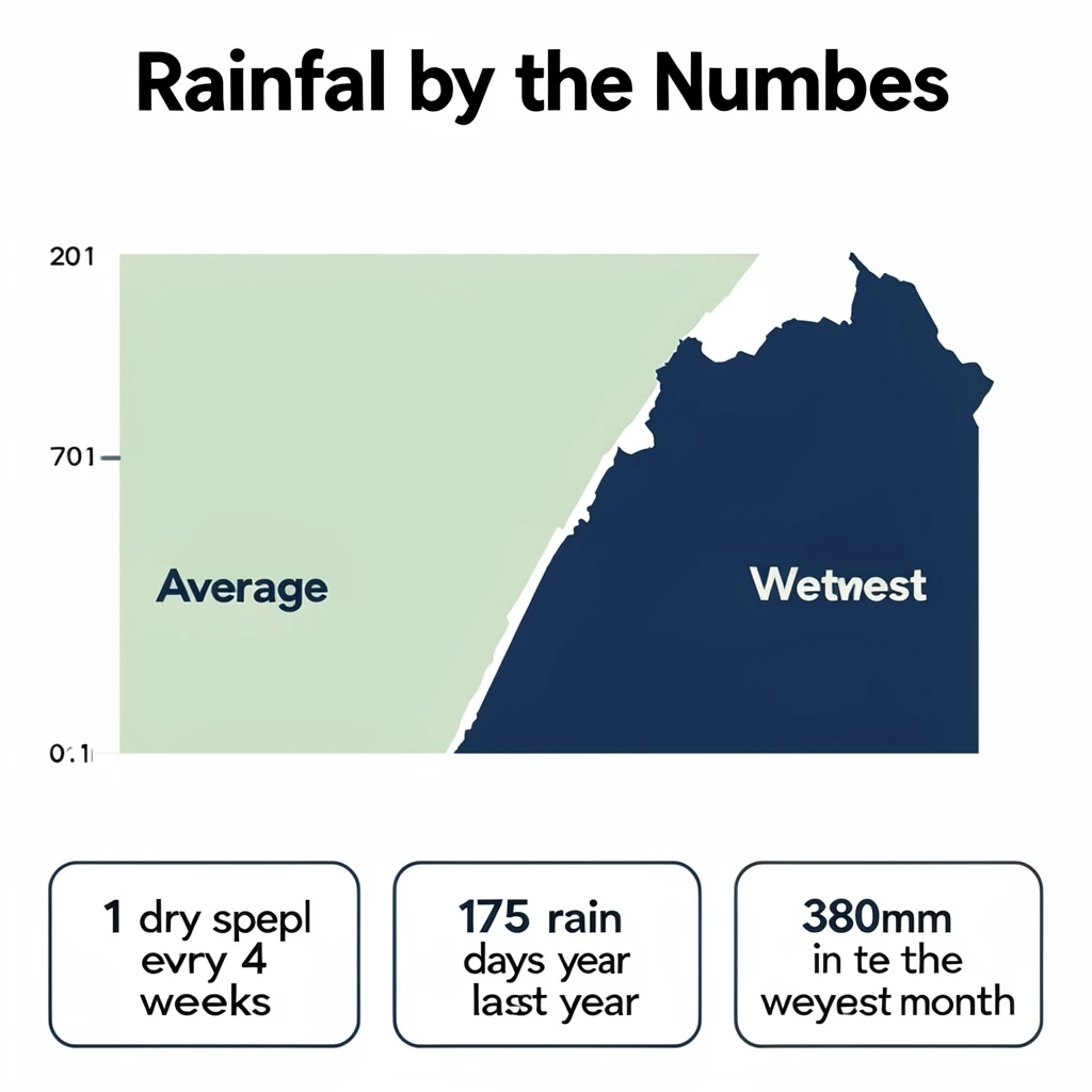 Flat infographic titled "Rainfall by the Numbers": at the center a twelve-month rainfall timeline, carrying two keyed regions, "Average" shaded pale green and "Wettest" shaded dark blue, beside a bottom row of three stat chips reading "1 dry spell every 4 weeks", "175 rain days last year" and "380mm in the wettest month".