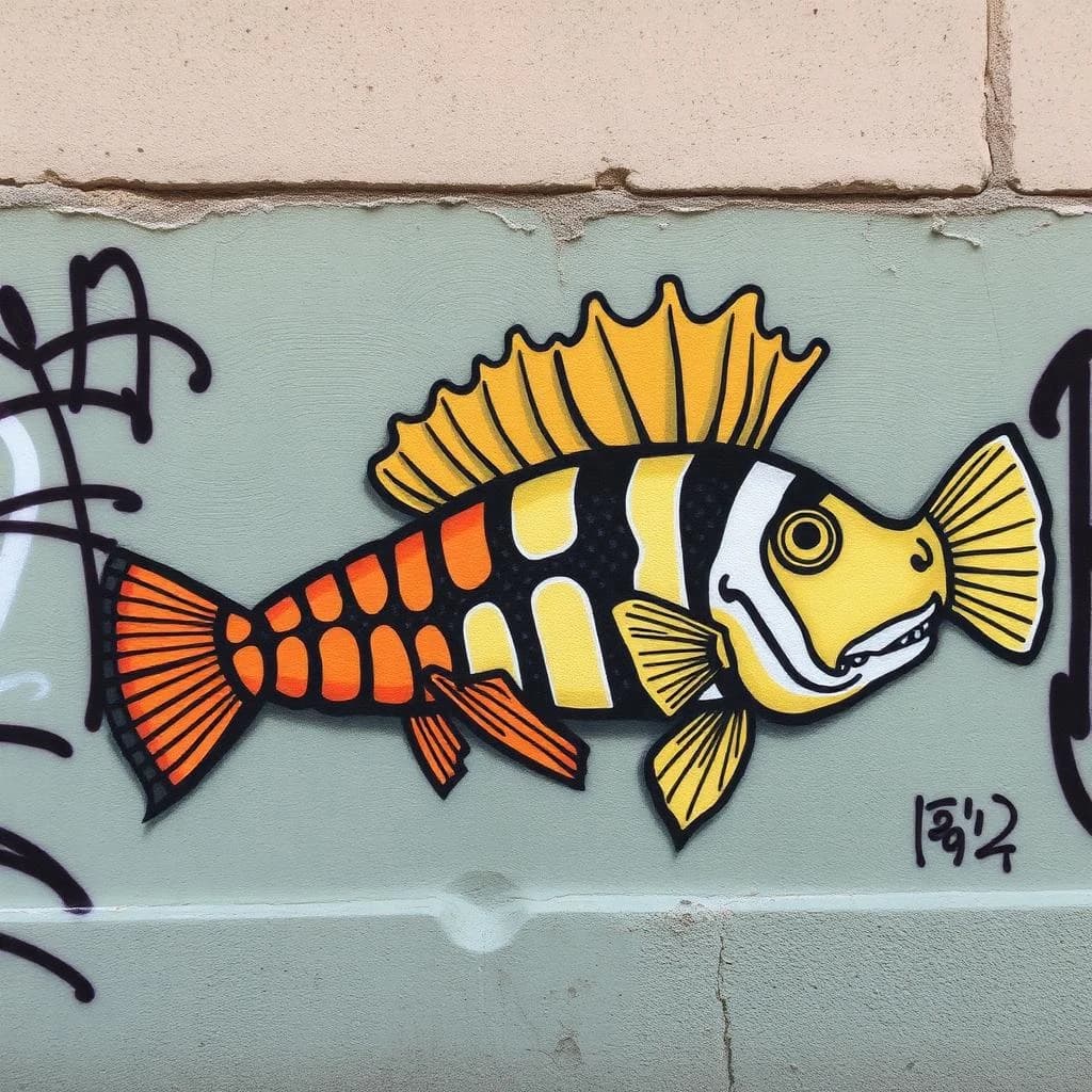 Fungus Gnat and Banded Rudderfish in Rome, Italy in the style of graffiti