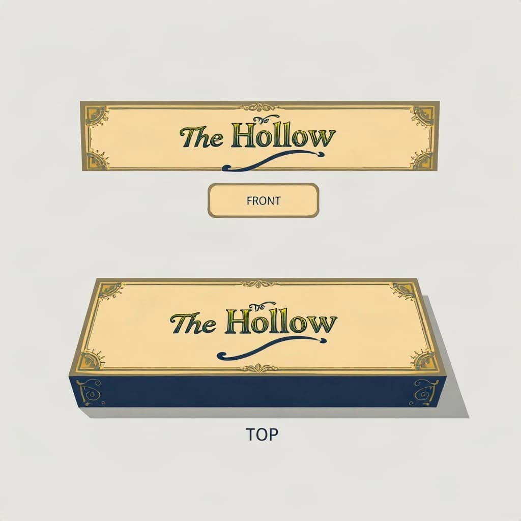 Flat vector illustration of the same board-game box drawn in three views, captioned "front", "side" and "top", every view carrying the wordmark "The Hollow Loom" in the same navy-and-gold coloring, only the angle changing.