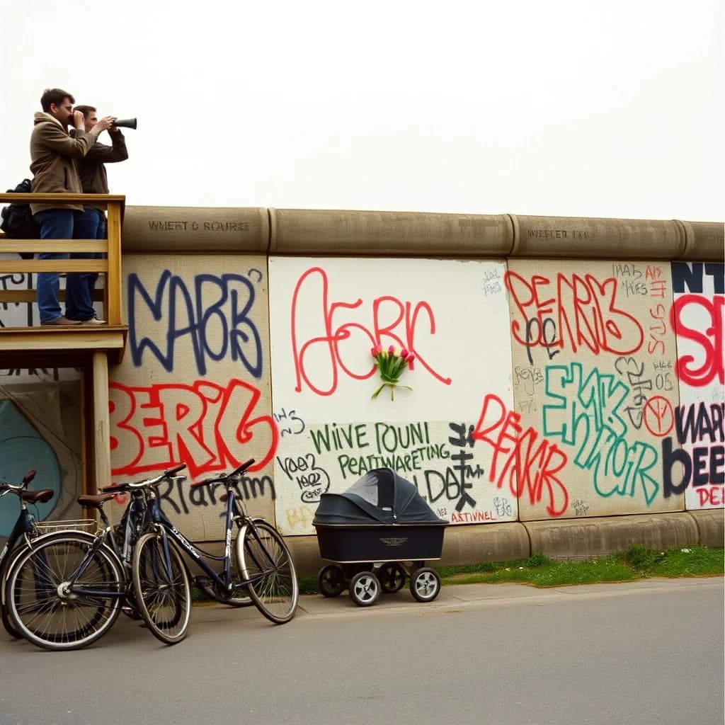 Shot on 1970s Kodachrome era color film, warm grain and slightly faded reds. A stretch of the Berlin Wall on a grey afternoon, covered in overlapping graffiti with one clean unpainted panel in the middle. Three people stand on a wooden viewing platform at the left, two of them looking over the top through binoculars while the third has turned back toward the camera with a cigarette. Four bicycles lean along the base of the wall, three upright and one fallen on its side. A pram is parked below the clean panel with a small bunch of tulips wedged into a crack above it. No cars in the frame.